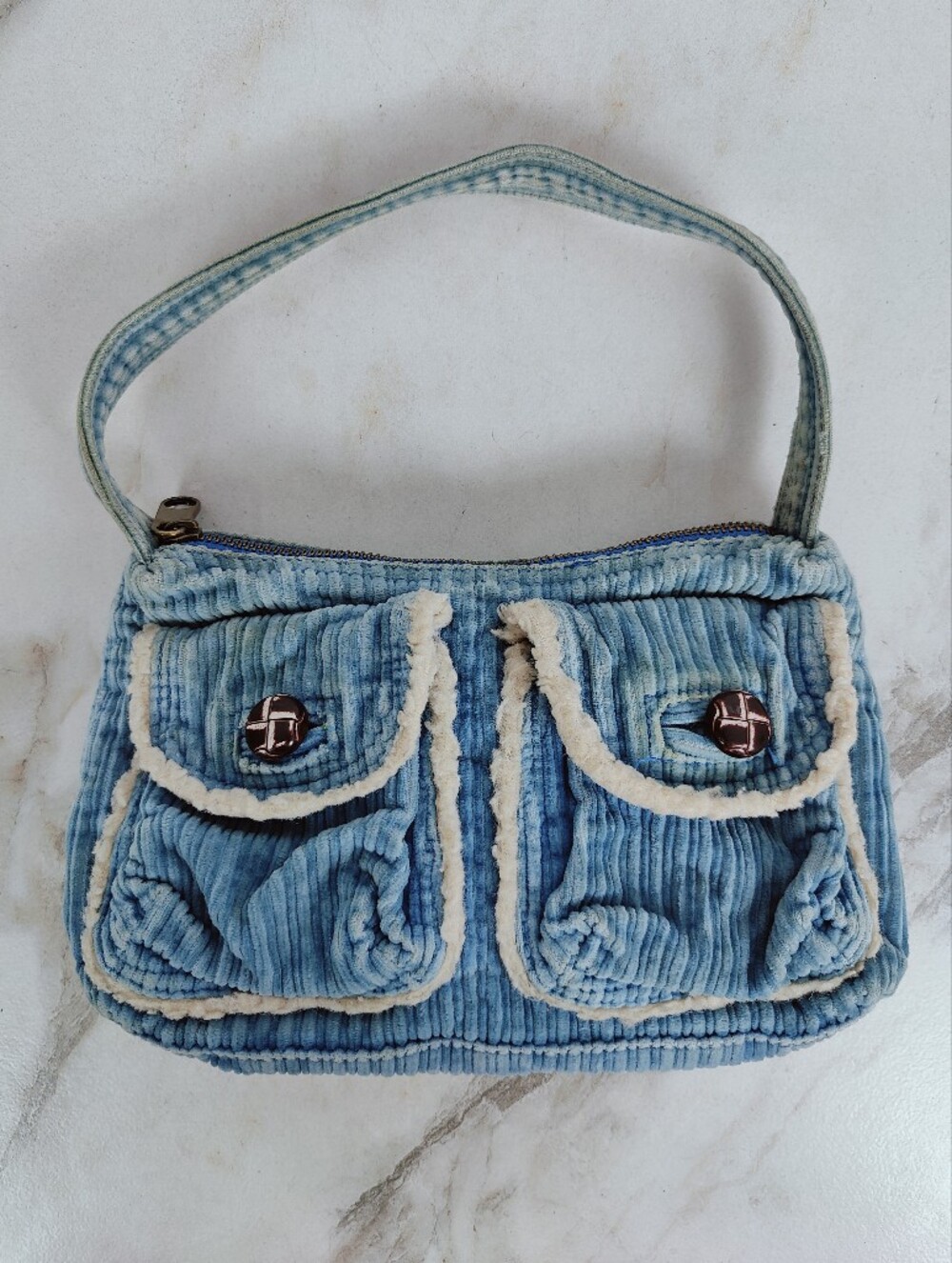 VTG Y2K American Eagle Blue Corduroy Shoulder Bag Sherpa Front Cargo Pockets, OS